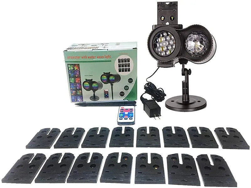 Outdoor waterproof double tube animated water pattern LED light with pattern cards on a garden patio.