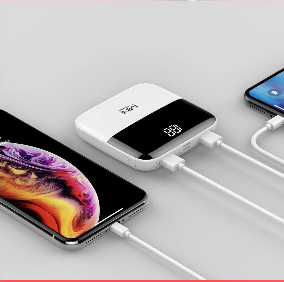 10000mAh portable power bank with digital display showing battery percentage and dual USB ports