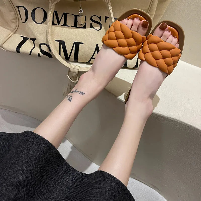 Women's plaid pattern PVC sandals with thick non-slip sole in black, on a white background.