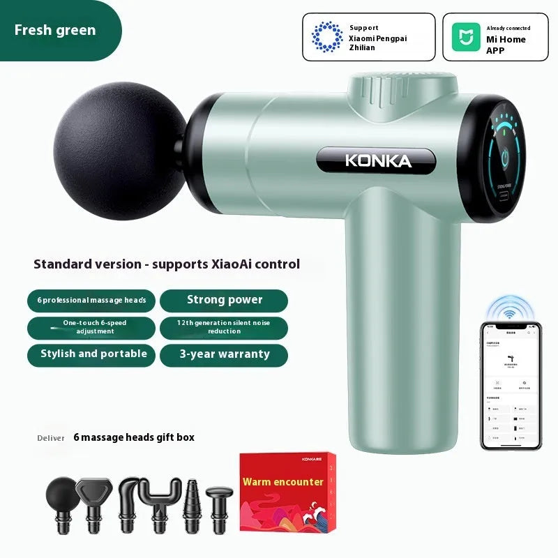 Konka professional mini electric massage gun with multiple attachment heads on a grey background