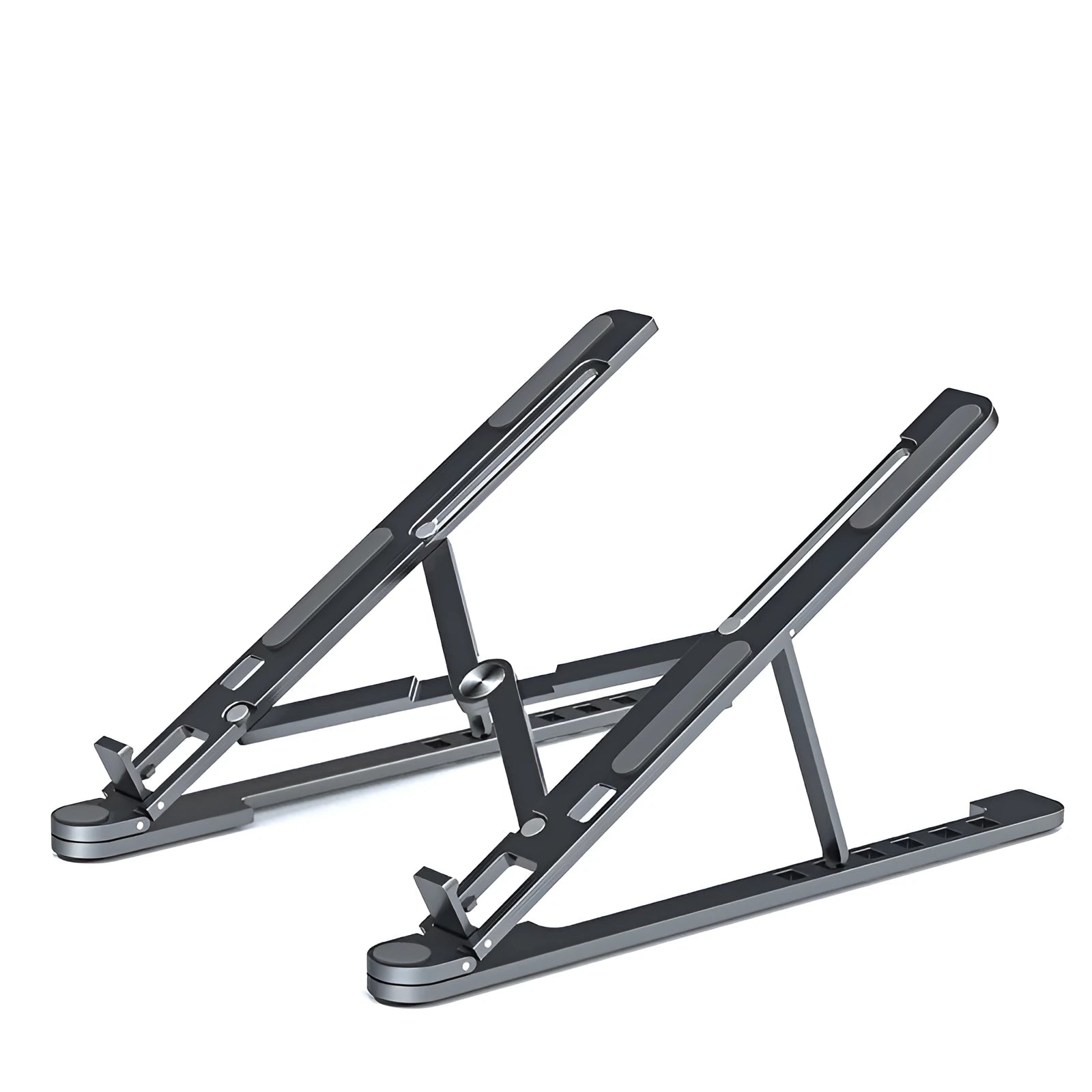 Silver foldable aluminium laptop stand holding a MacBook at an angle, shown next to a backpack.