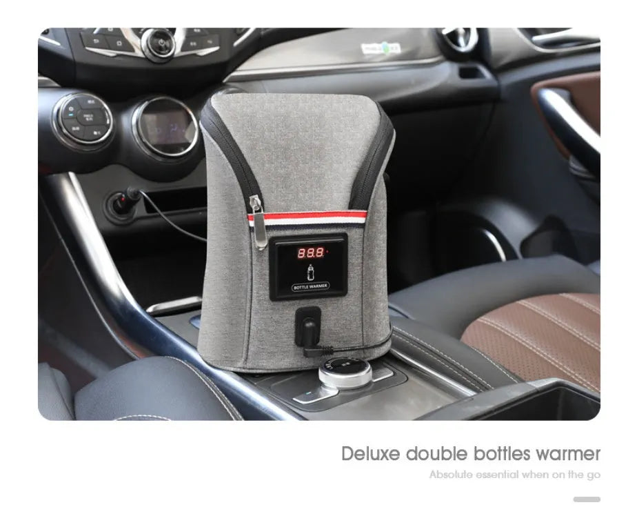 Grey Oxford cloth portable baby bottle warmer with car charger and temperature display