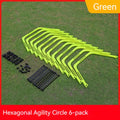 Set of six foldable hexagon football agility training rings in yellow green and orange plastic