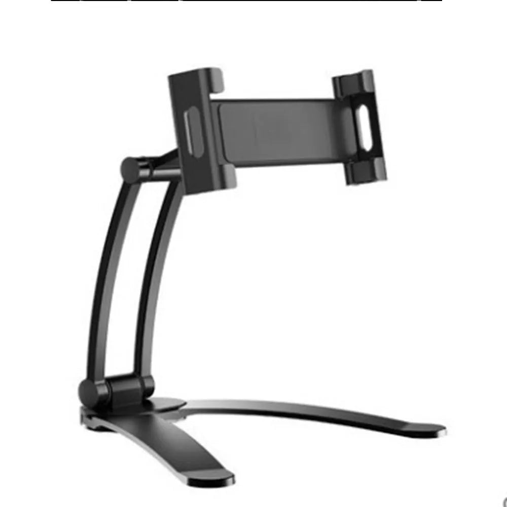 Silver aluminium alloy desktop tablet stand holding a tablet, showing 360-degree rotation adjustment.