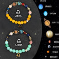 Two natural stone beaded bracelets with zodiac charm pendants on adjustable leather straps