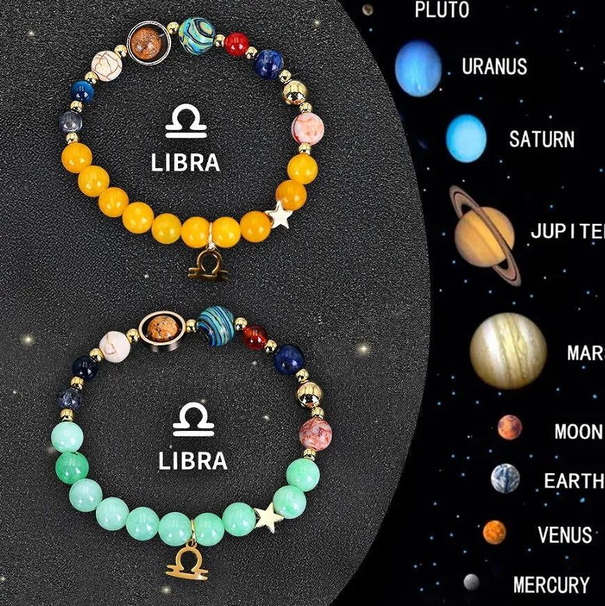 Two natural stone beaded bracelets with zodiac charm pendants on adjustable leather straps