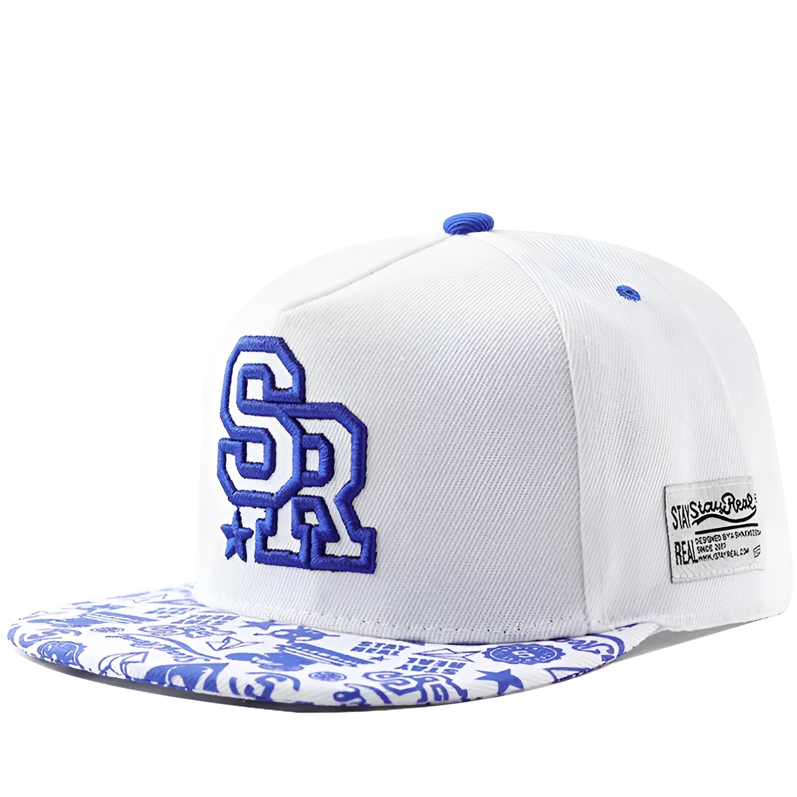 Cotton baseball hat with embroidered letters on a dome crown, shown in black and white.