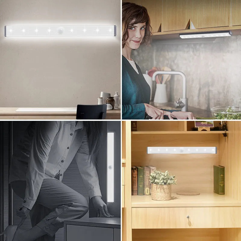 Silver aluminium LED closet light with magnetic back, shown illuminating a wardrobe interior.
