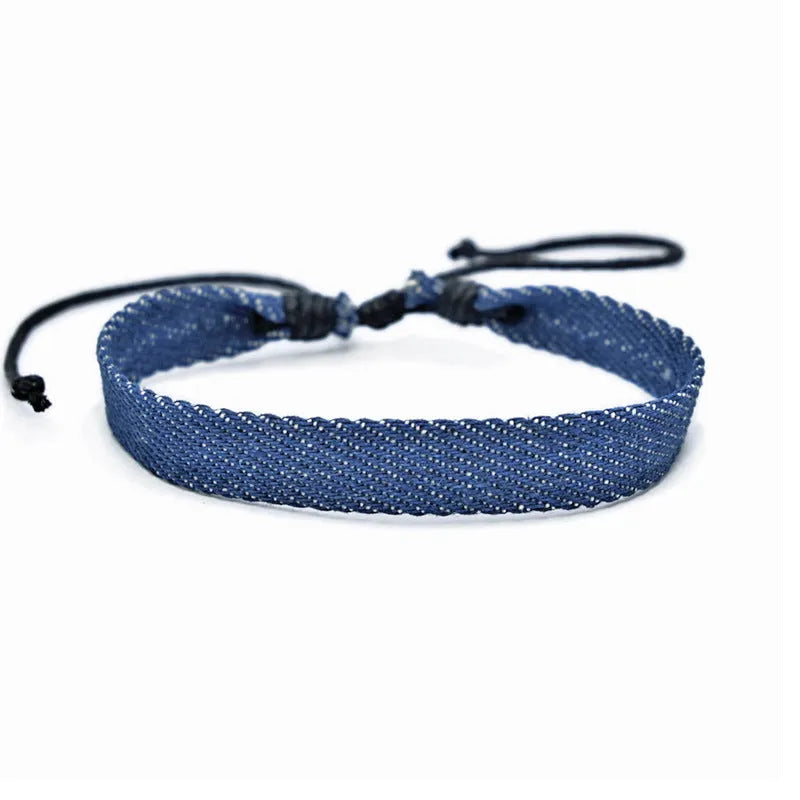 Adjustable denim fabric bracelet in various YYR colours with mixed material construction