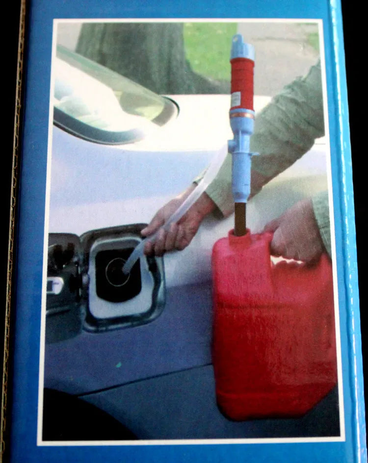 Blue and red manual hand pump for siphoning fuel and oil from containers
