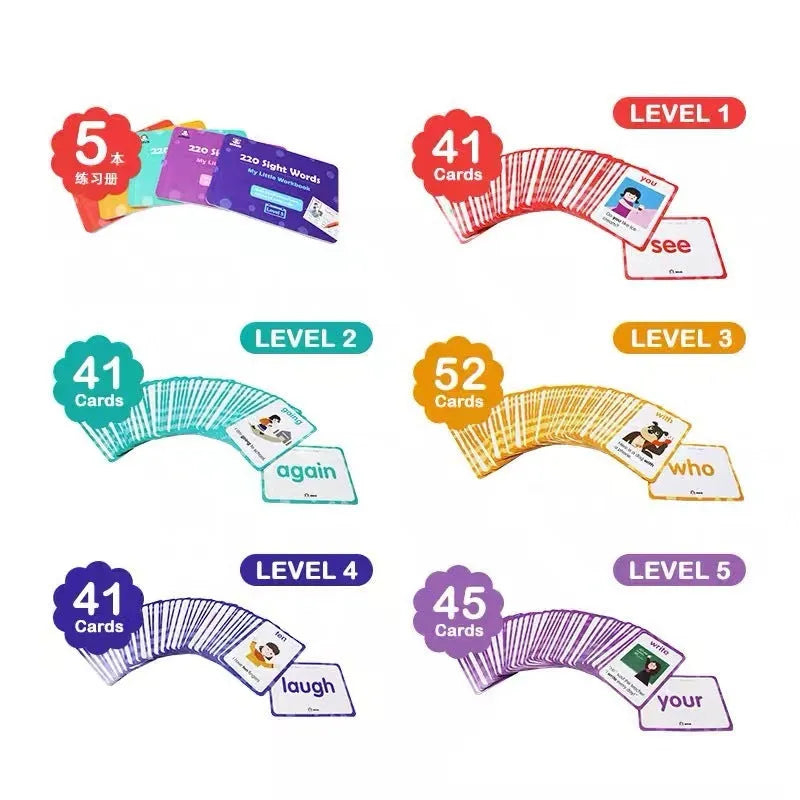 220 high frequency word gift box set with coated paper cards and five workbooks for early childhood education