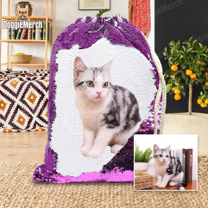 Custom purple sequin backpack with a personalised dog photo and drawstring opening.