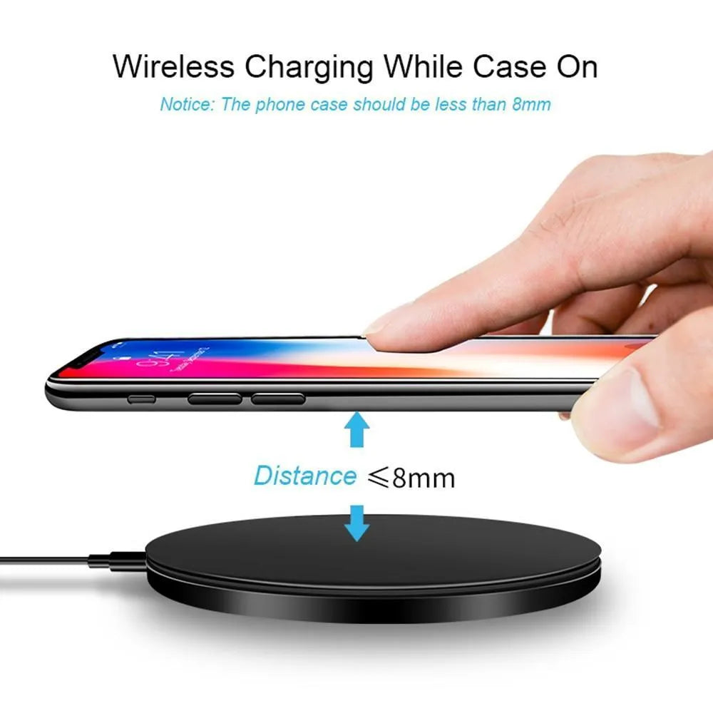 Ultra-thin matte black wireless charging pad with 9V fast charging and 98mm square dimensions
