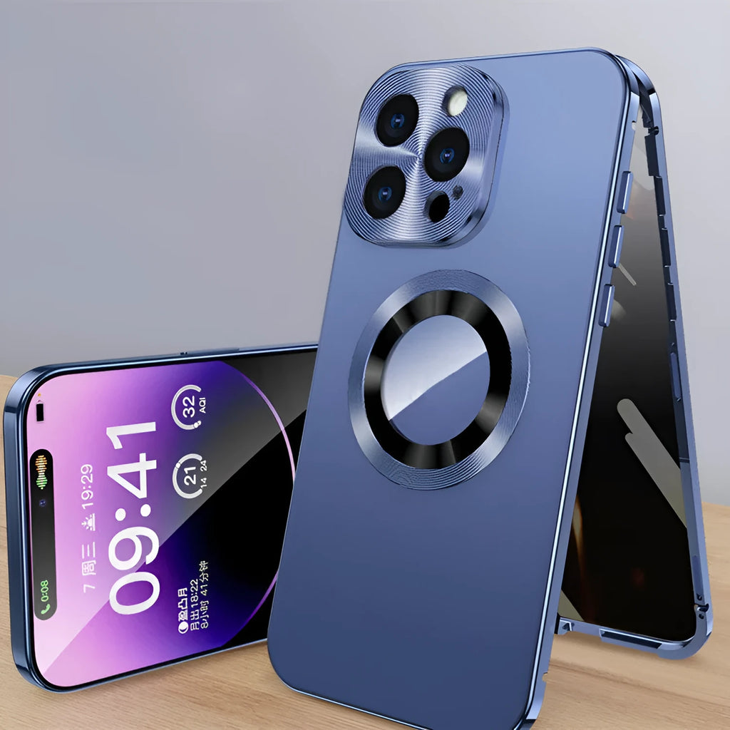 Magnetic anti-peep phone case for iPhone with metal clip, shown in black, blue, gold, purple, and silver colour options.