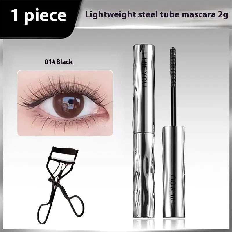 Waterproof steel tube mascara with black or brown shades and optional eyelash curler
