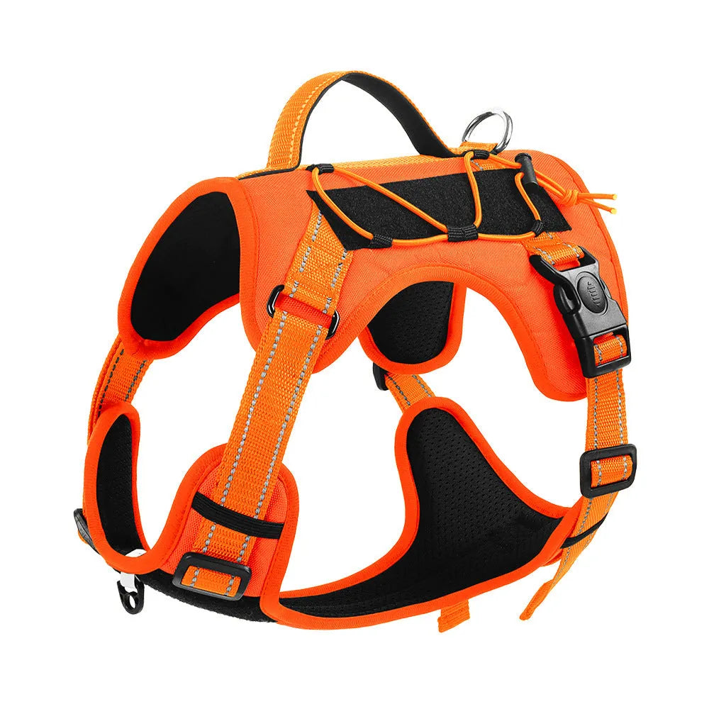 Orange reflective dog vest harness with integrated black hand-holding rope and adjustable straps.