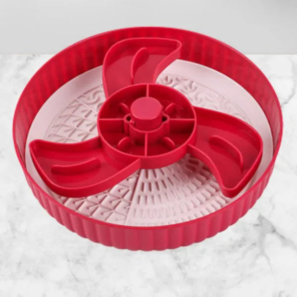 Interactive rotating slow feed pet bowl with silicone licking mat in blue windmill pattern