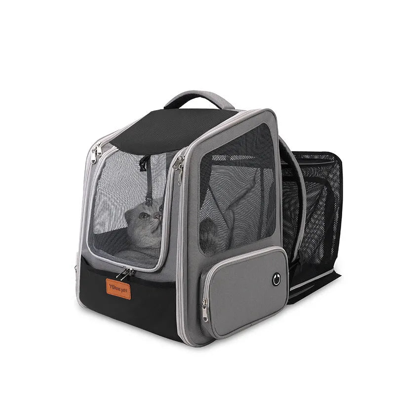 Portable pet carrier backpack with 18L expandable capacity in black nylon for cats and dogs