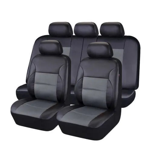 Artificial leather car seat cover set in black, showing front seat and headrest covers with hook fasteners.