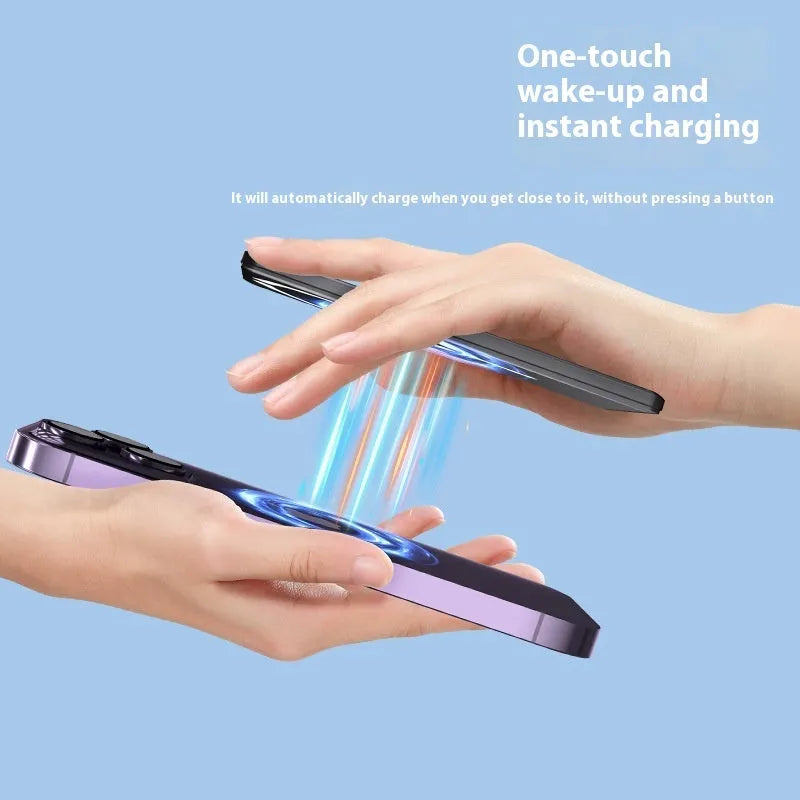 Ultra-thin magnetic power bank with alloy shell in dark gray colour showing compact 105x66mm dimensions