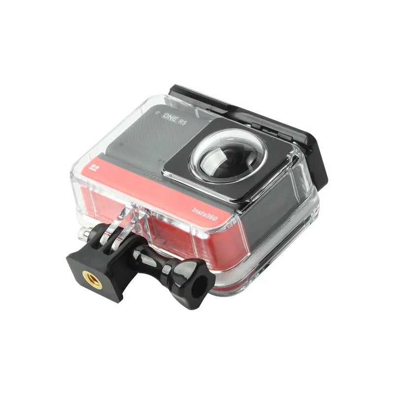 Transparent waterproof case for Insta360 One RS panoramic camera with dimensions showing