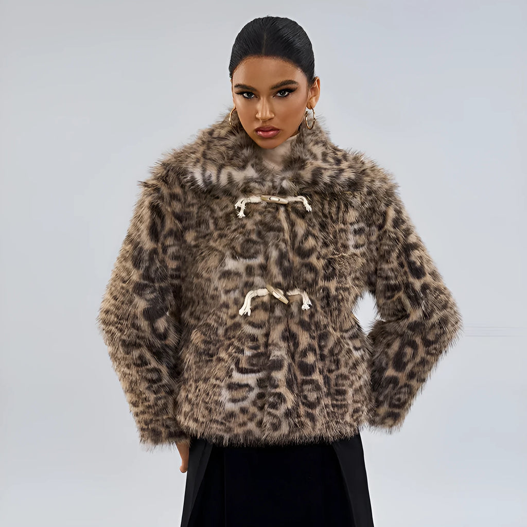 Women's leopard print polyester coat with regular sleeves and normal length
