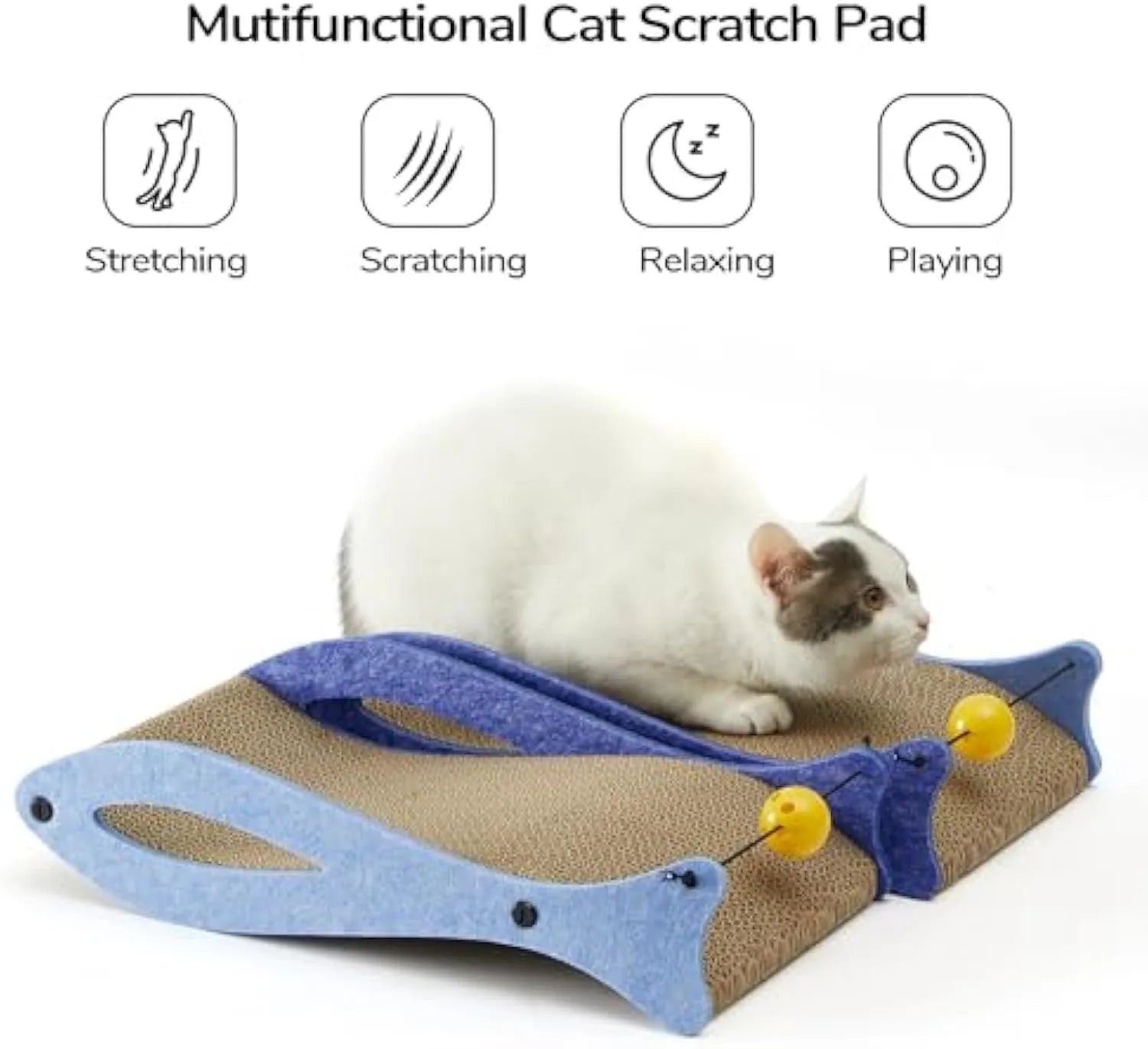 Blue fish-shaped cat scratcher pad with corrugated cardboard surface, ball toys, and wavy lounge area.