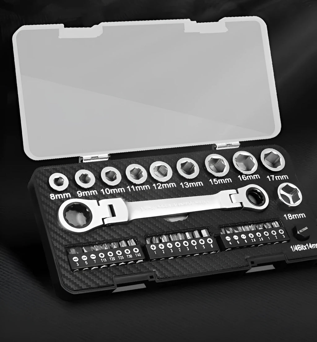 Dual-purpose ratchet wrench set with two-way mechanism, 10 sockets and 3 bit heads arranged on work surface