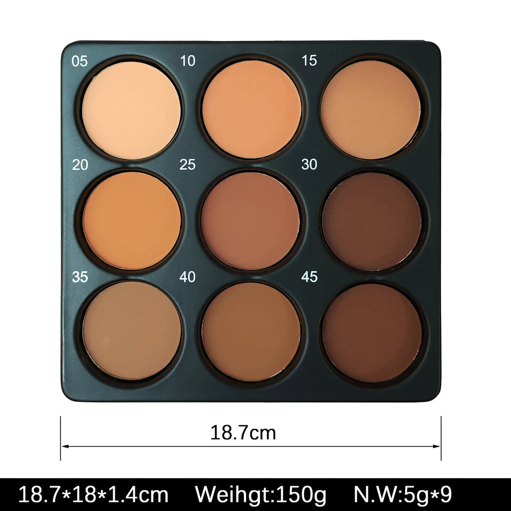 Dark matte makeup palette open showing nine colours with a repair disk