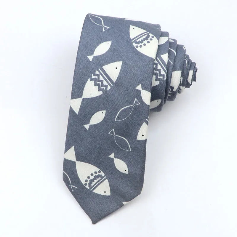 Korean-style narrow men's cotton bow tie with a printed cartoon pattern.