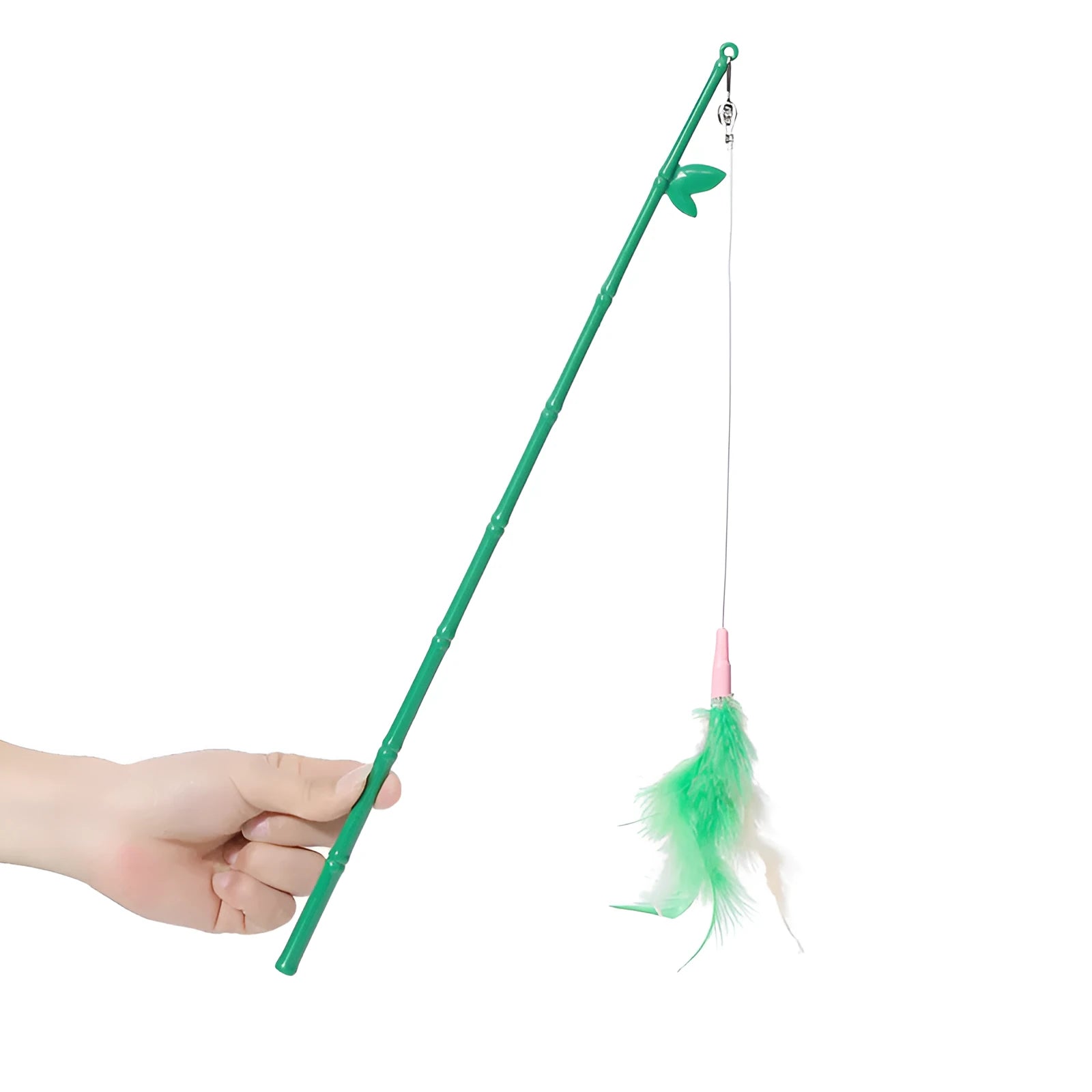 Interactive cat feather wand toy with bells and colourful feathers on durable wand with comfortable grip handle