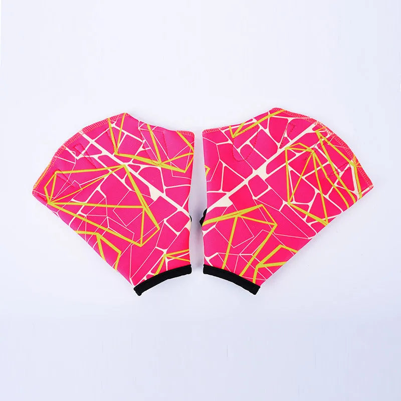 Duck feet webbed swimming gloves in nylon material showing colour print options