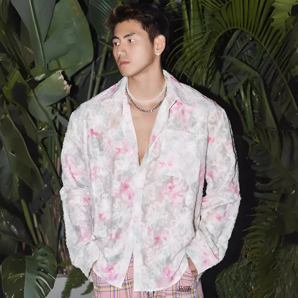 Men's floral long sleeve shirt with embossed pattern in loose fit design