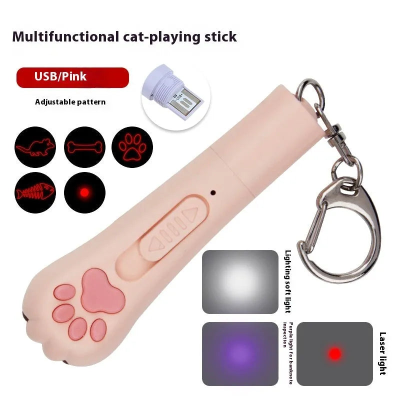 Infrared cat laser toy in blue plastic with five pattern projection functions and included cat teasing stick