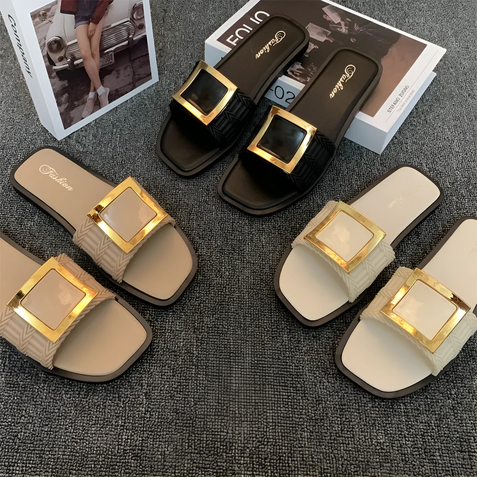 Women's summer flat slippers in apricot colour with waterproof PVC sole