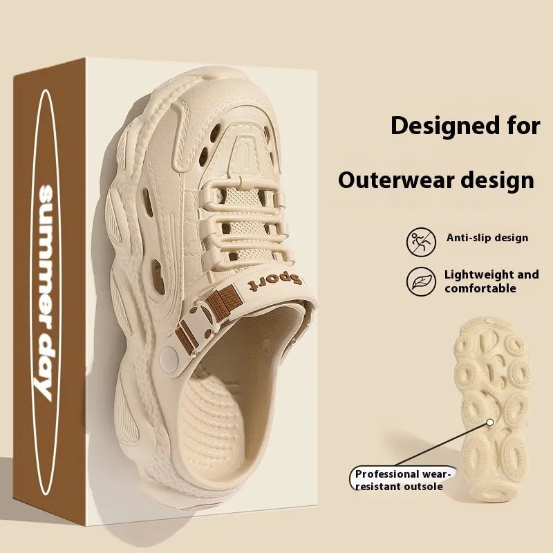Men's khaki outdoor slippers with a breathable design and textured EVA sole.
