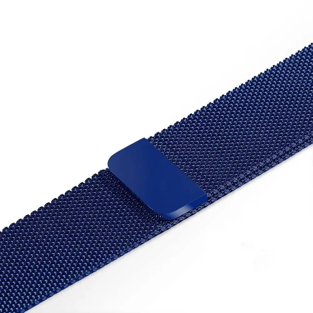 Stainless steel watch replacement strap in silver on a grey background showing adjustable links and buckle.