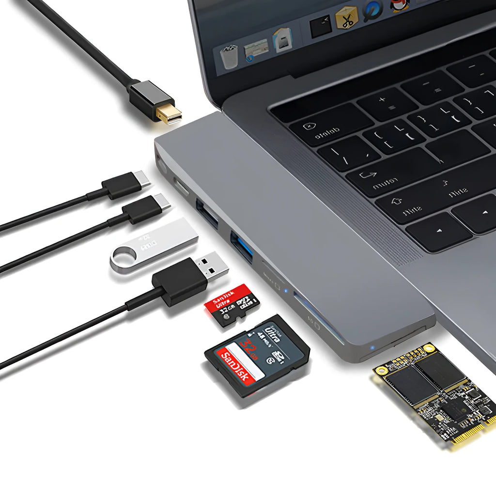 USB-C hub adapter for MacBook Pro with eight ports including HDMI, USB 3.0, SD/TF card reader, and PD charging