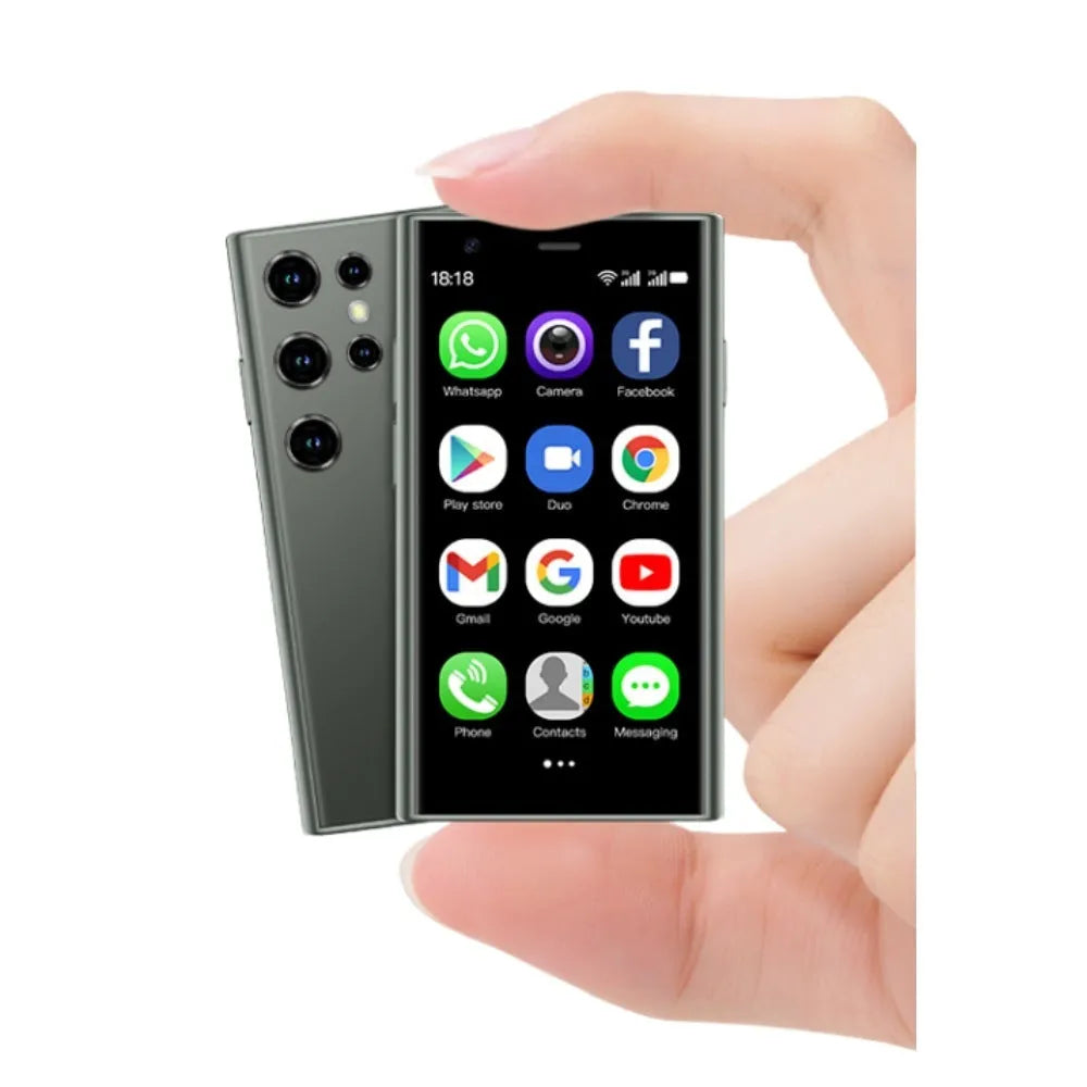 Mini smartphone with 30 screen in black, green or pink purple colours showing straight plate design