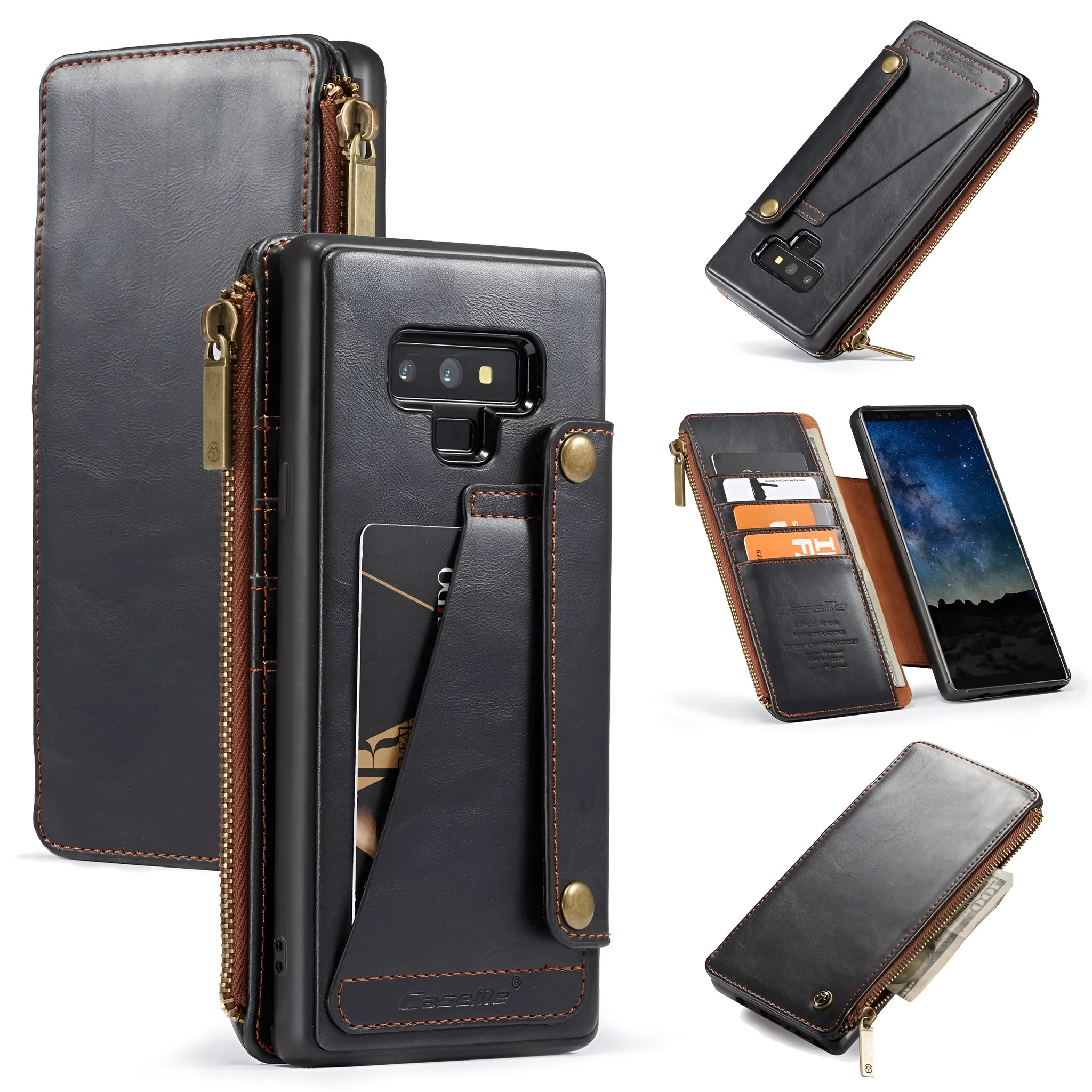 Samsung Galaxy Note9 leather flip phone case in black, brown or red colours