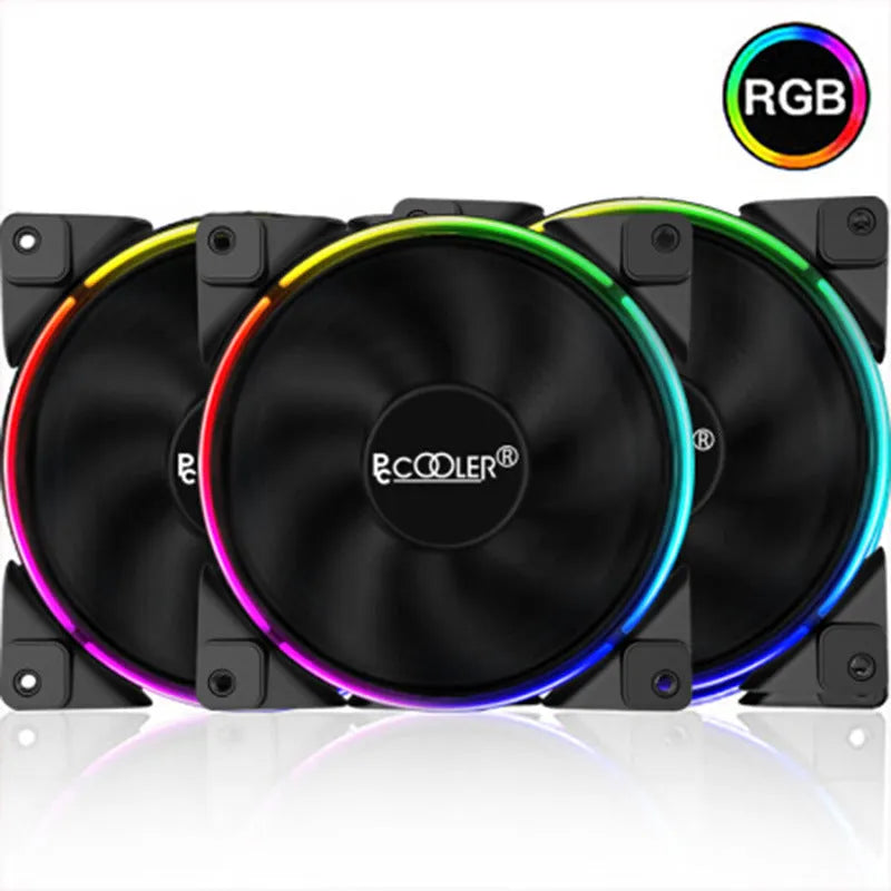 Three black 120mm RGB PC cooling fans with illuminated blades on a dark background