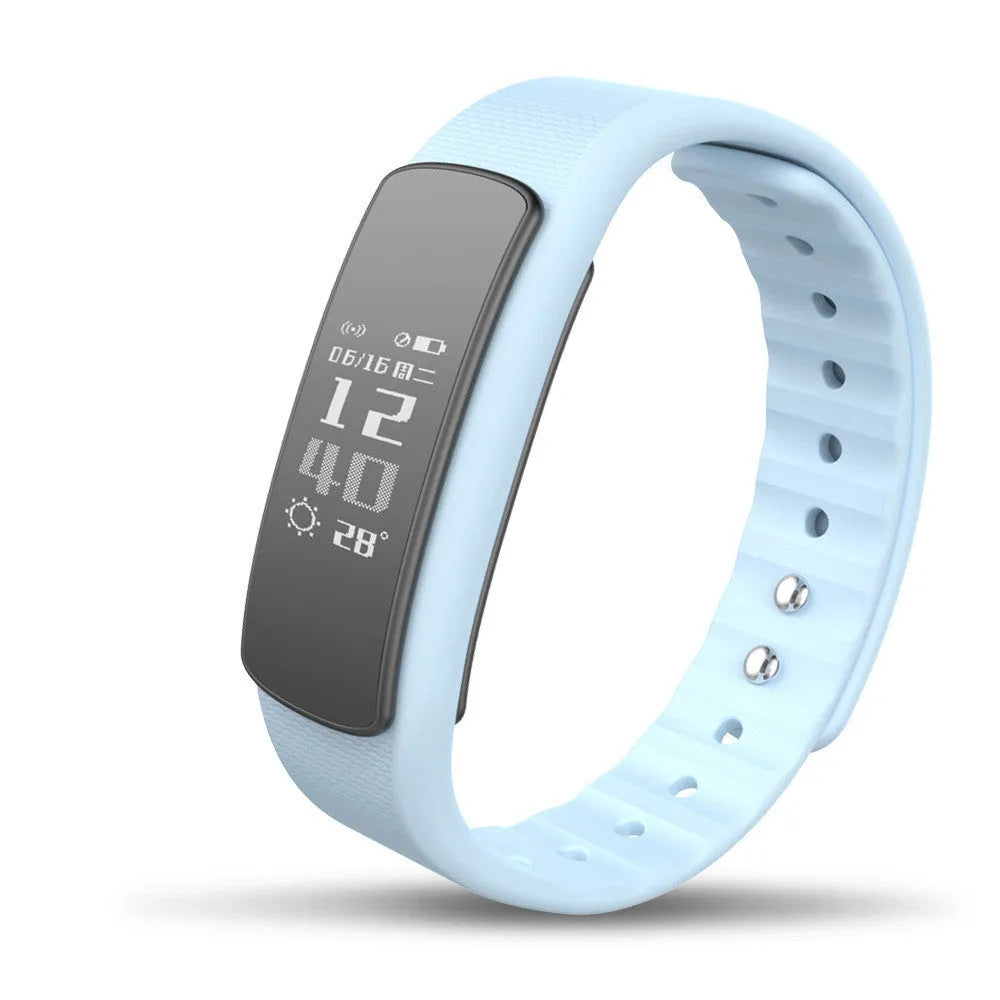 I6 smart sports bracelet with black TPU strap and 0.96-inch touch screen displaying fitness data.