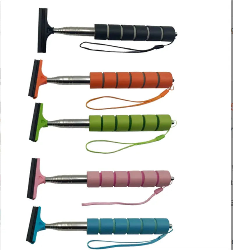 Retractable stainless steel car rearview mirror wiper in various colours with extended and retracted lengths shown.