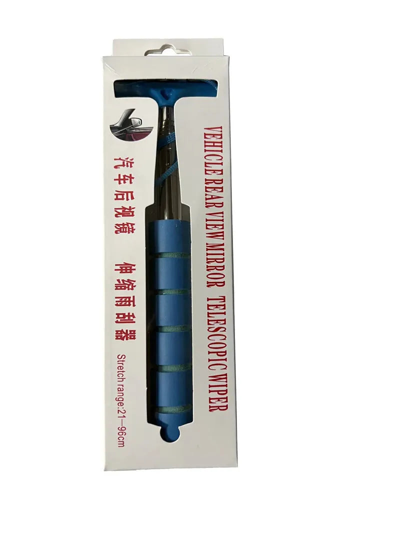 Retractable stainless steel car rearview mirror wiper in various colours with extended and retracted lengths shown.