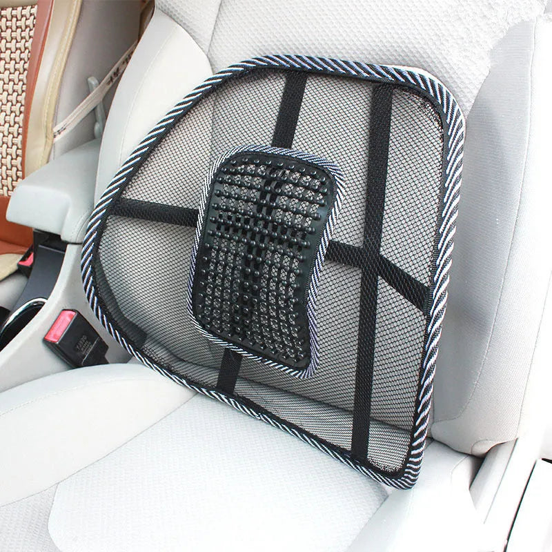 Black car leather lumbar support pillow with steel wire frame measuring 41cm by 39cm
