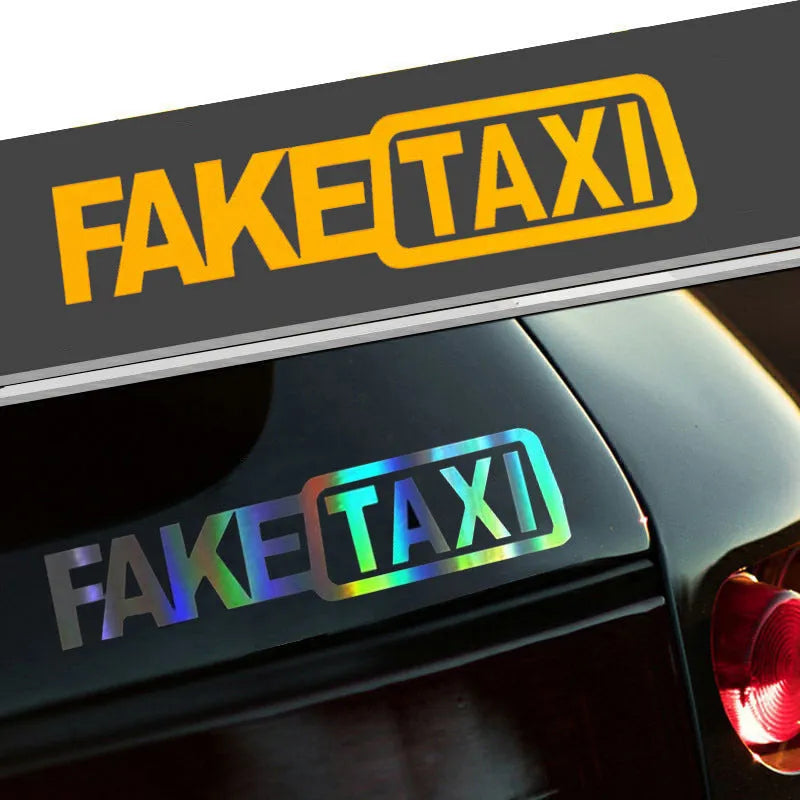 FAKE TAXI waterproof car warning sticker in black, white, or yellow, measuring 20 by 8 centimetres.