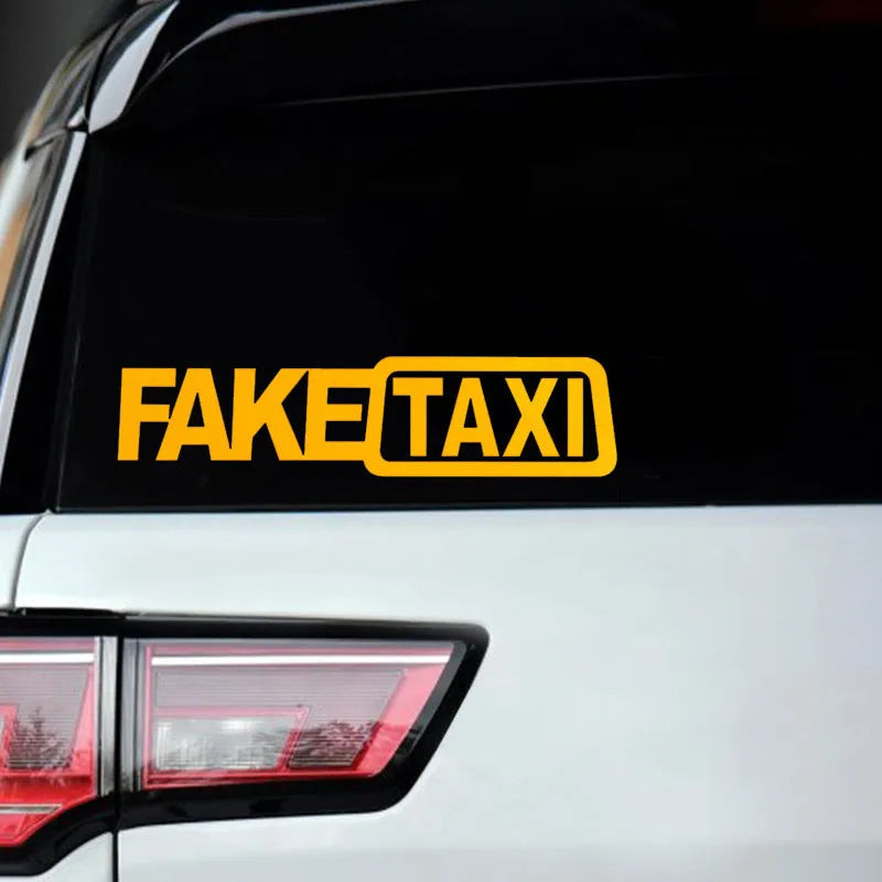 FAKE TAXI waterproof car warning sticker in black, white, or yellow, measuring 20 by 8 centimetres.