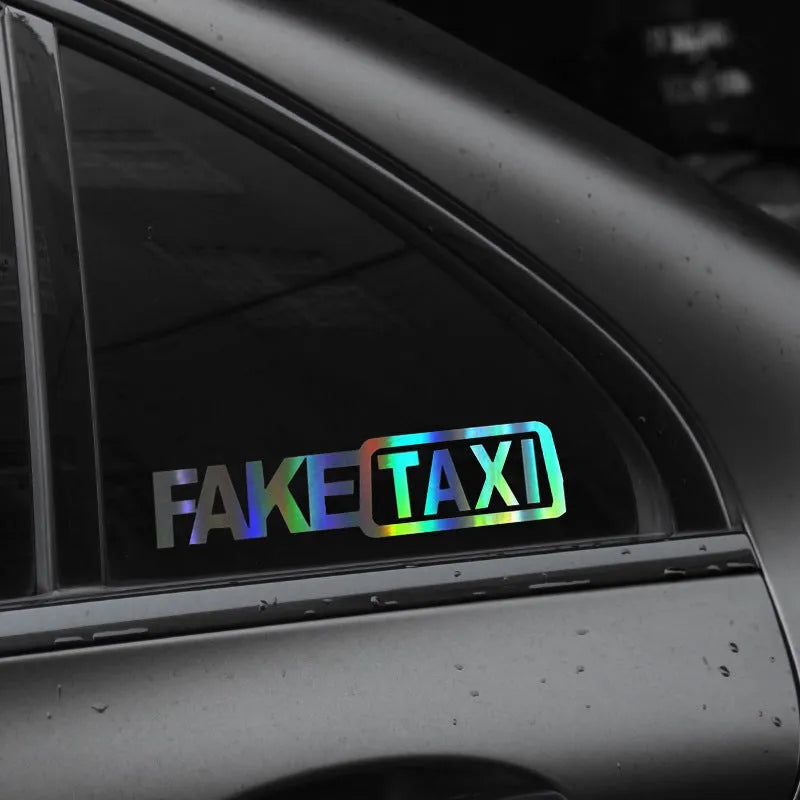 FAKE TAXI waterproof car warning sticker in black, white, or yellow, measuring 20 by 8 centimetres.
