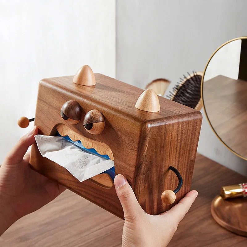 Cartoon Little Monster wooden tissue box in walnut beech colour, 190mm wide