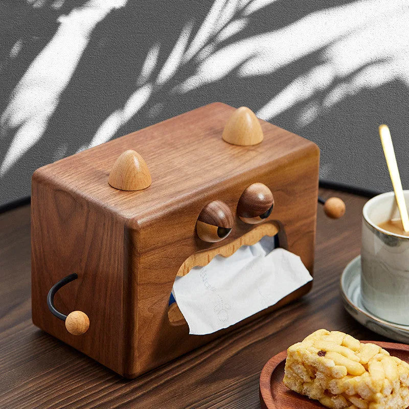 Cartoon Little Monster wooden tissue box in walnut beech colour, 190mm wide